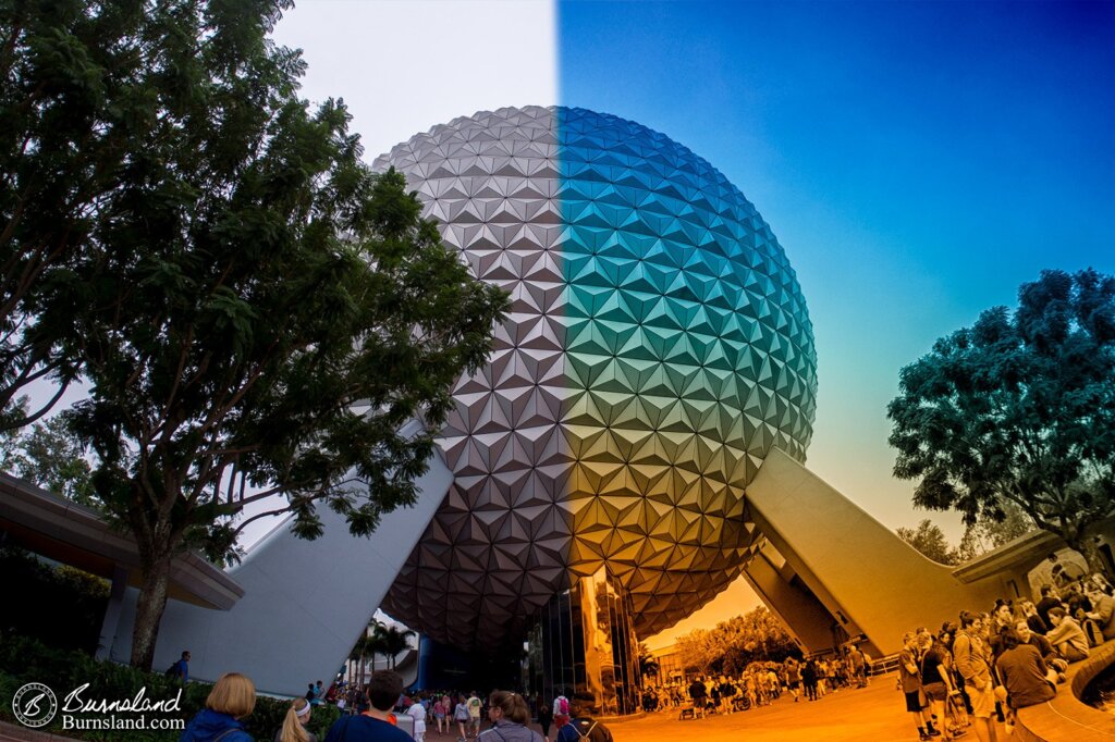 Spaceship Earth at Epcot in color - before and after